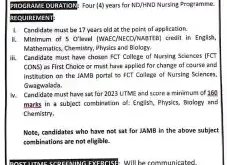 FCT College of Nursing Gwagwalada Application Form