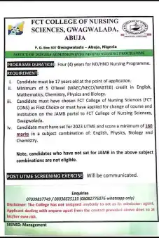 FCT College of Nursing Gwagwalada Application Form