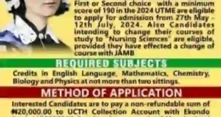 School of Nursing, University of Calabar Teaching Hospital admission form