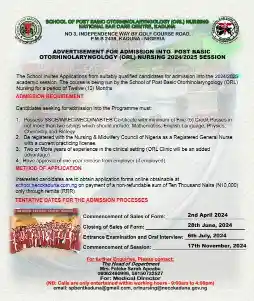 School of Post Basic Otorhinolaryngology Nursing, National Ear Care Centre, Kaduna admission form