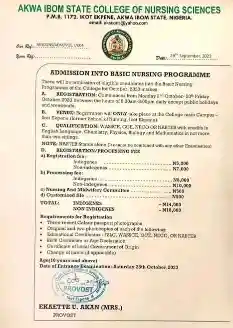 Akwa Ibom Basic Nursing Ikot Ekpene Admission Form