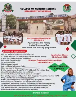 College of Nursing Sciences, Our Lady of Lourdes Hospital Complex, Ihiala admission