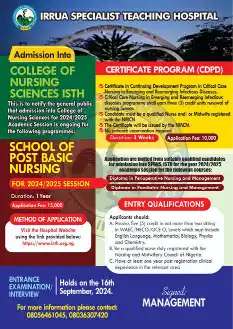 Irrua Specialist Teaching Hospital (ISTH) College of Nursing Sciences admission form