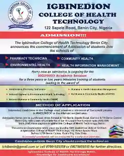 Igbinedion College of Health Technology (ICHT) admission form