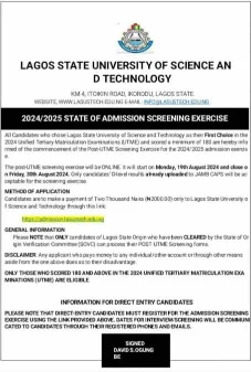 Lagos State University of Science and Technology admission form