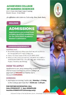 Achievers College of Nursing Sciences Owo Admission Form