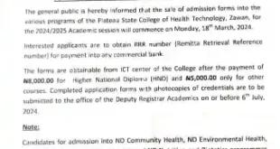 Plateau State College of Health Tech Zawan Admission