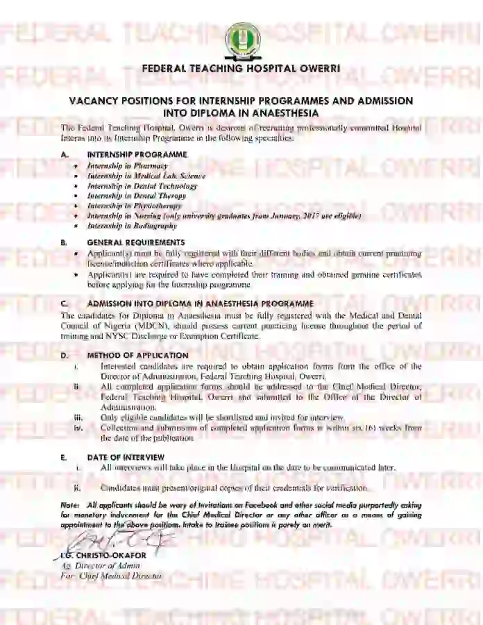 FTH Owerri Internship Programmes notification form