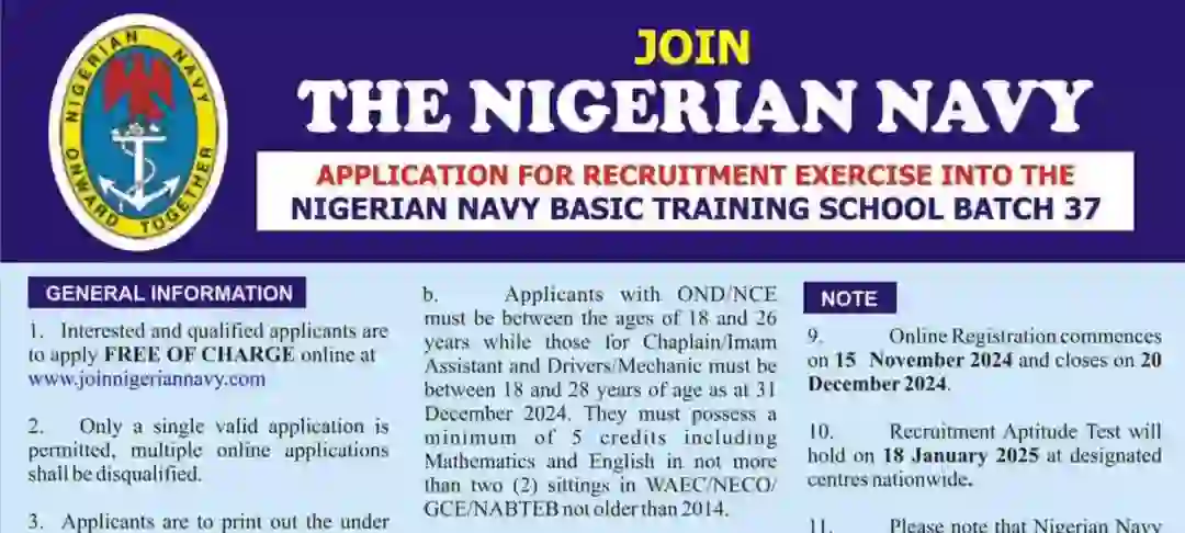 Nigerian Navy Begins Free Recruitment for Batch 37 in 2024 notification released