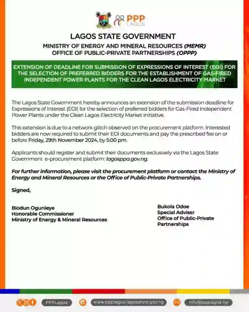 Lagos State Extends EOI Deadline for Power Plants