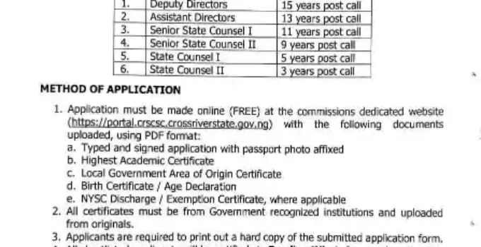 Cross River State Opens Online Portal for Lawyer Recruitment into Civil Service